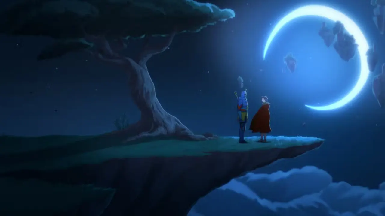 A figure dressed like a samurai talks to a person in a red cloak on a hilltop, next to a tree and the moon, in AMC’s Pantheon.
