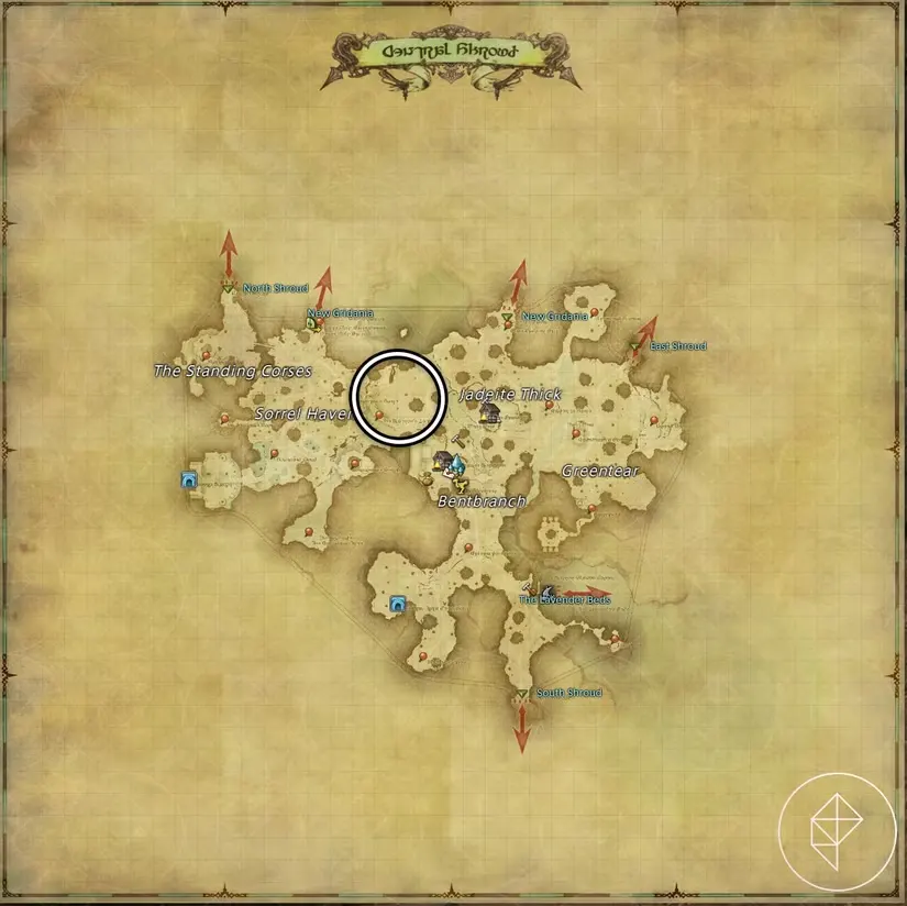 A map of Central Shroud in FFXIV showing where to find a Diremite