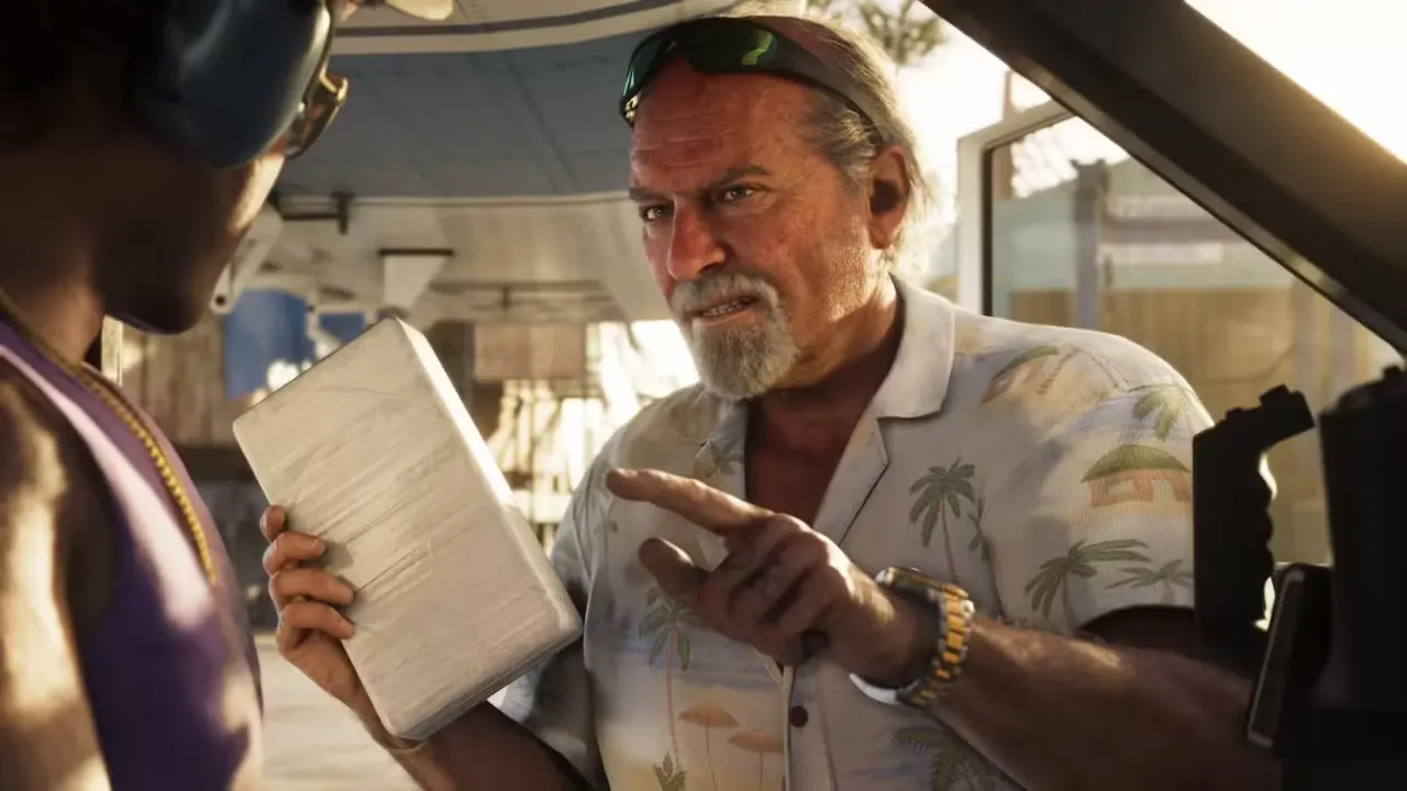 Grand Theft Auto 6 Brian Heder in a palm tree button-up shirt demanding money from someone in a car