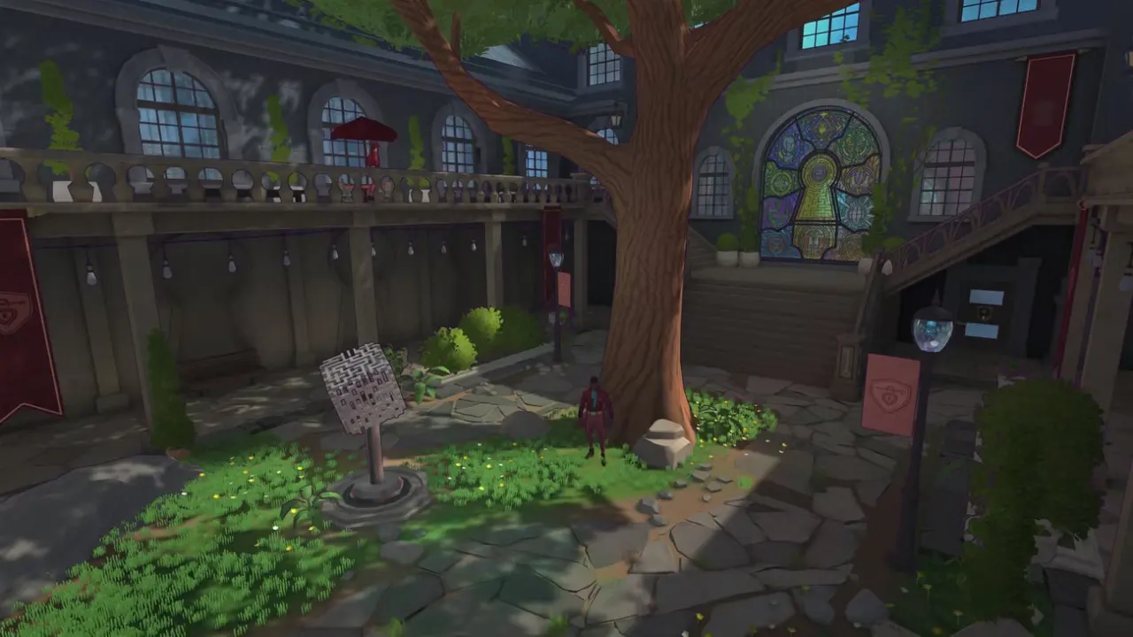A character stands in a courtyard in Escape Academy 2: Back 2 School.