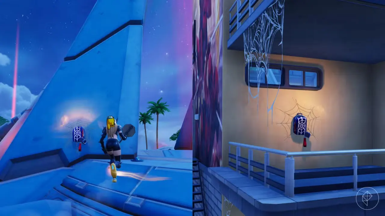 Two Spider-Man backpacks attached to a wall in Fortnite.