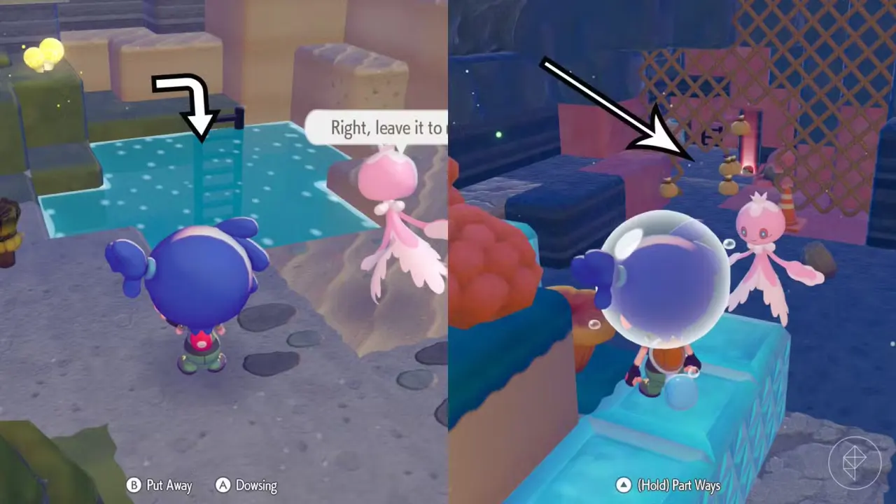 A montage using two Pokémon Pokopia screenshots showing the path to where you find the Starmie doll