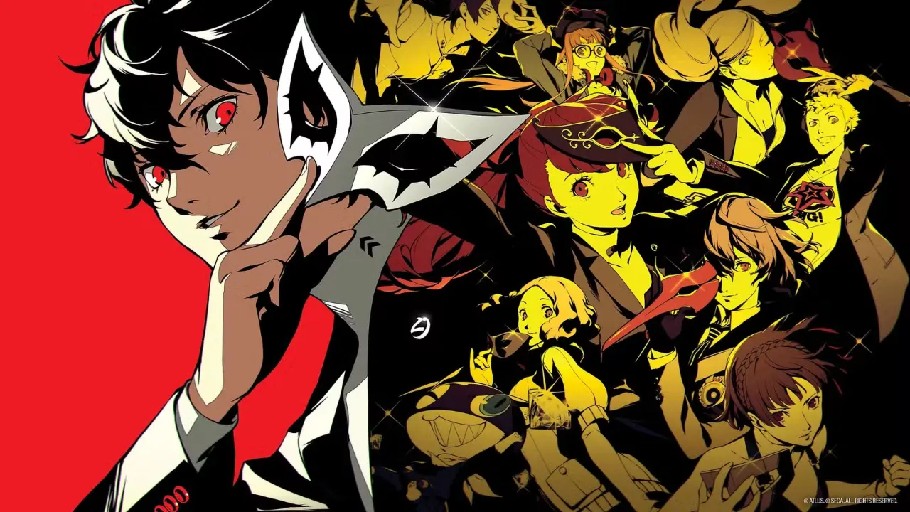Joker from Persona 5 Royal poses with his mask in hand, and his Phantom Thieves friends pose in his shadow with a golden tint