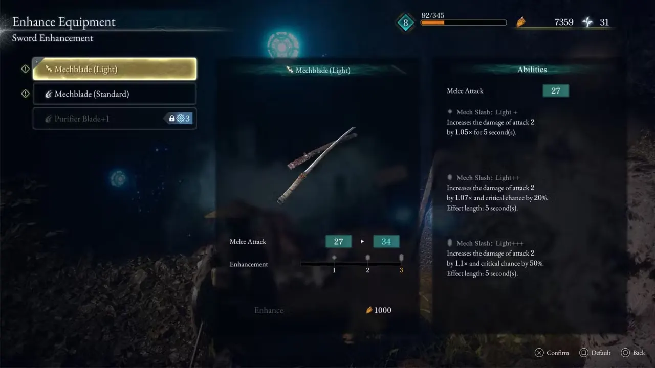 A Beast of Reincarnation screenshot showing the enhance equipment screen