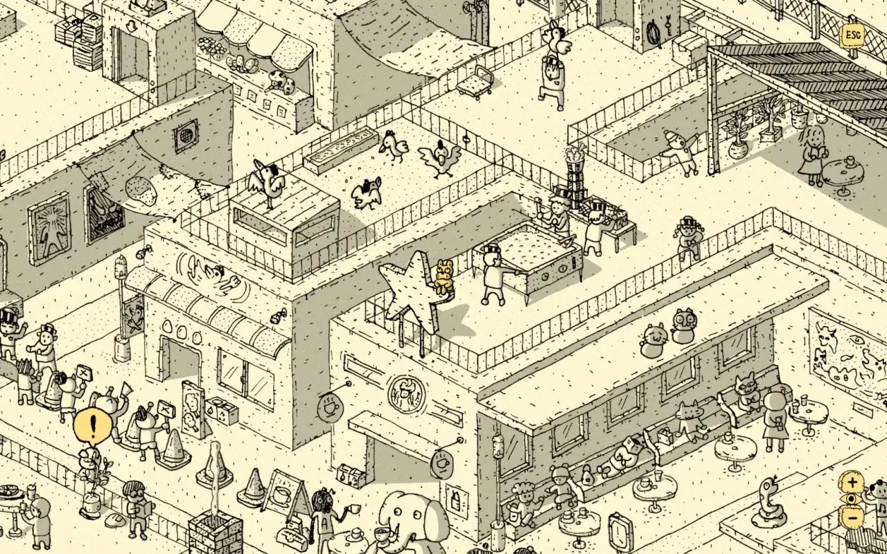 Finding Polka screenshot showing a hand-drawn, ball-point pen world that's like a page from a Where's Waldo book