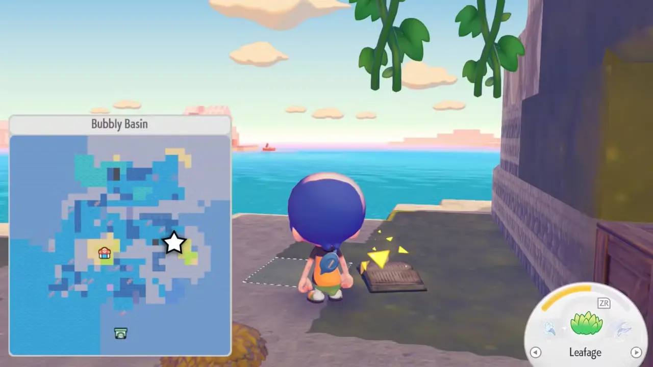 A Ditto stands next to a glowing book in a cave