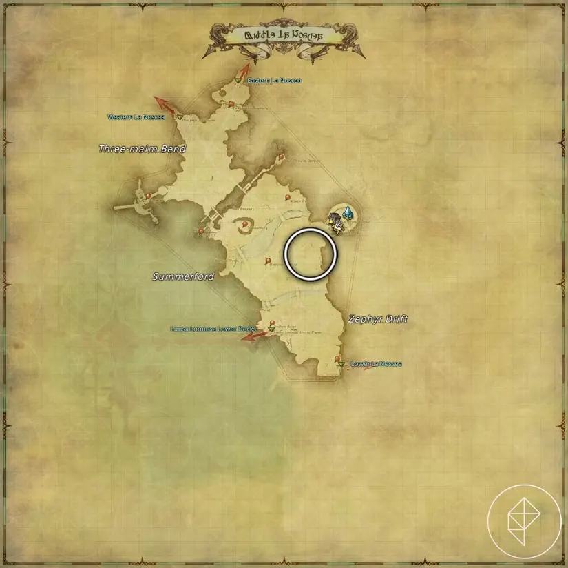 A map of Middle La Noscea in FFXIV showing where to find a Mandragora