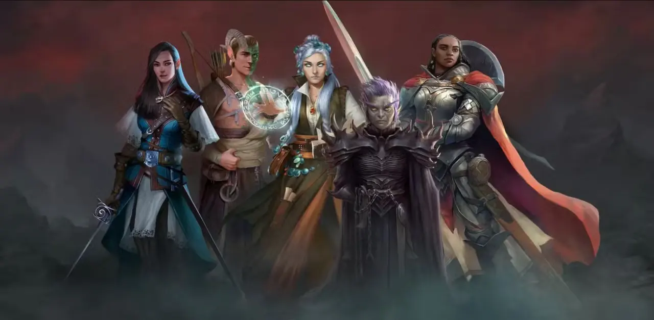 A stylistic shot of the main characters in the video game Pathfinder: Wrath of the Righteous