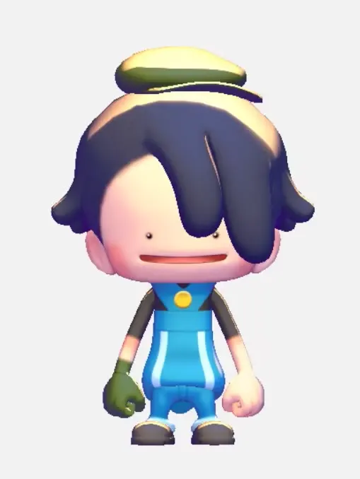 A Ditto in Pokopia dressed in a blue outfit with a green hat