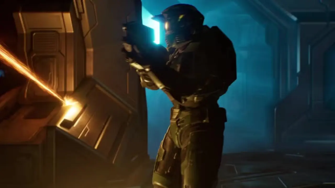 Master Chief returning fire at a sentinel in Halo: Campaign Evolved.