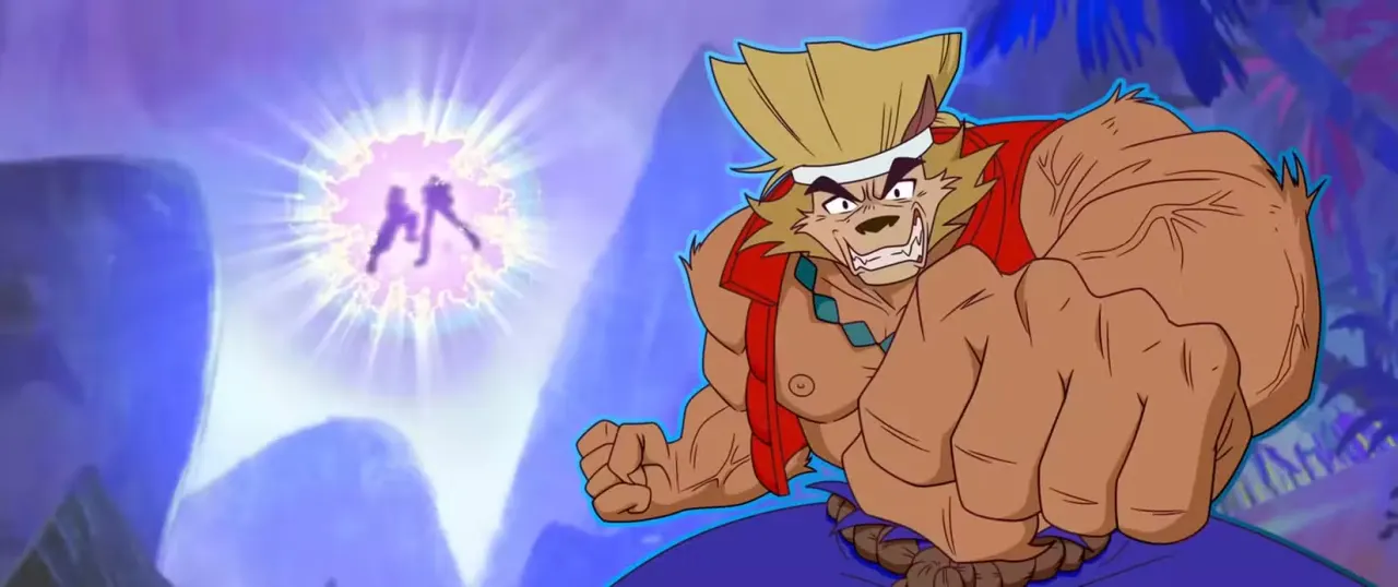A scene from the animated movie Forgotten Island shows one of the characters, a were-dog named Raww, as he imagines himself, as a mashup of Street Fighter characters