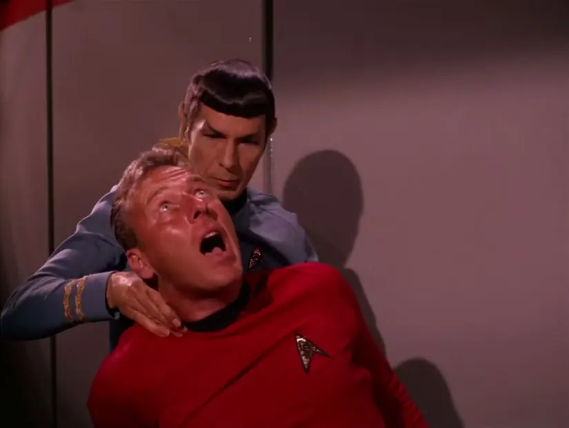 Spock delivers a Vulcan neck pinch in “And the Children Shall Lead”