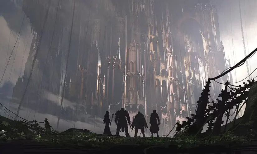 Babylon’s Fall - four characters in front of a giant tower
