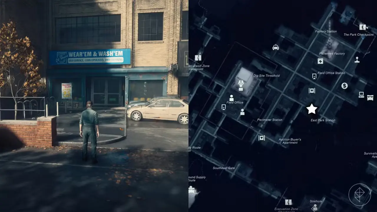 The left-hand side of the image shows Dylan Faden standing outside the Laundromat in Central in Control Resonant, while the right-hand side of the image shows the location marked on the in-game map with a star.