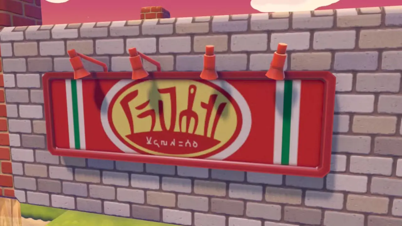 A Pokémon Pokopia screenshot showing the restaurant sign