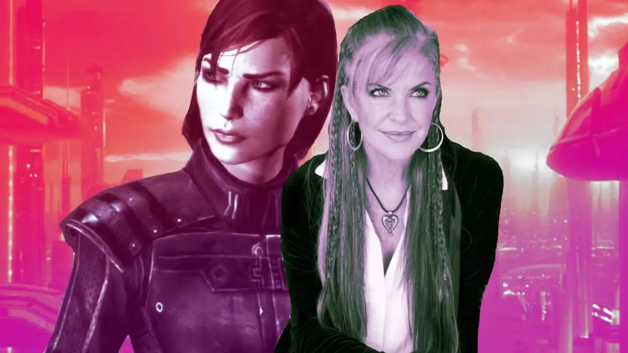 A composite image of Mass Effect's Commander Shepard and her voice actor Jennifer Hale
