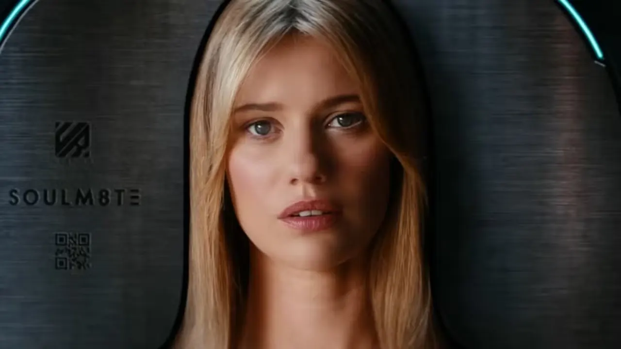 A blonde woman staring at the view from a metal coffin ingraved with the word "SOULM8TE"