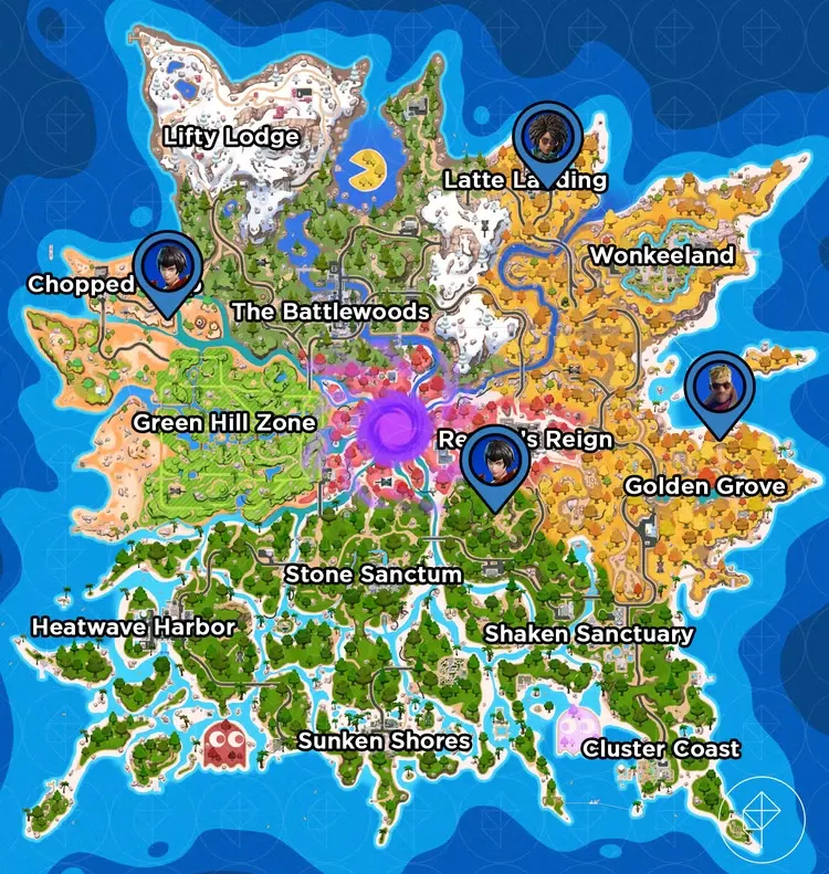 The locations of The Innovation, Jones, and Sloane marked on the Fortnite Chapter 7 Season 4 map.