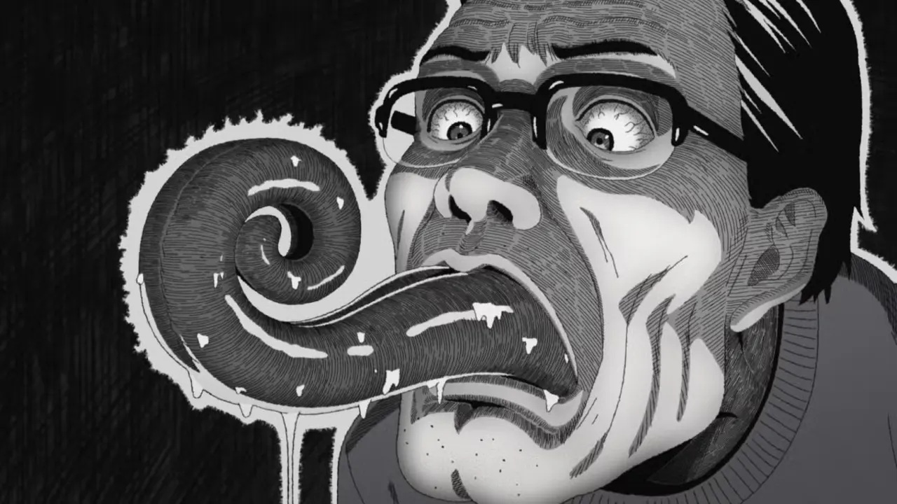 An anime man with a bizarre curled tongue in Uzumaki.