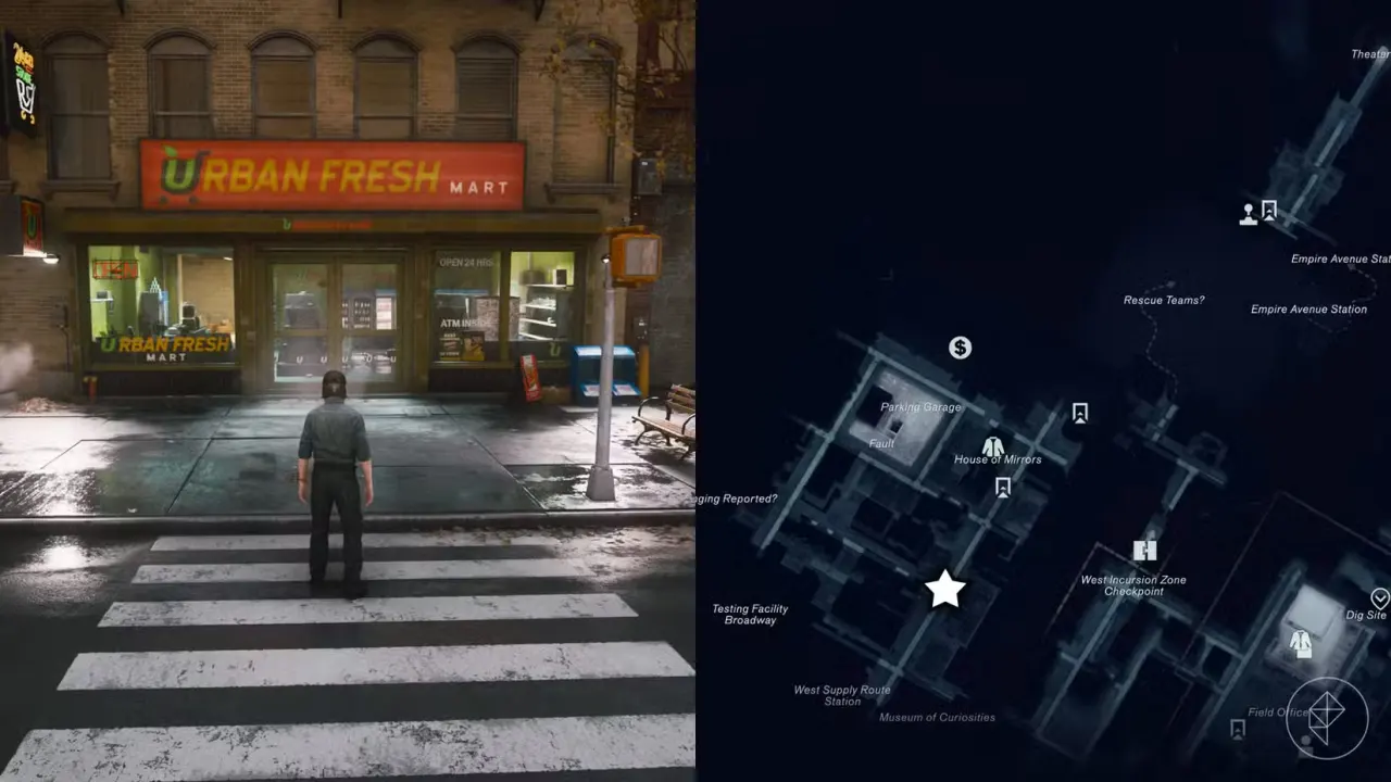 Dylan standing outside of an Urban Fresh Mart in Control Resonant.