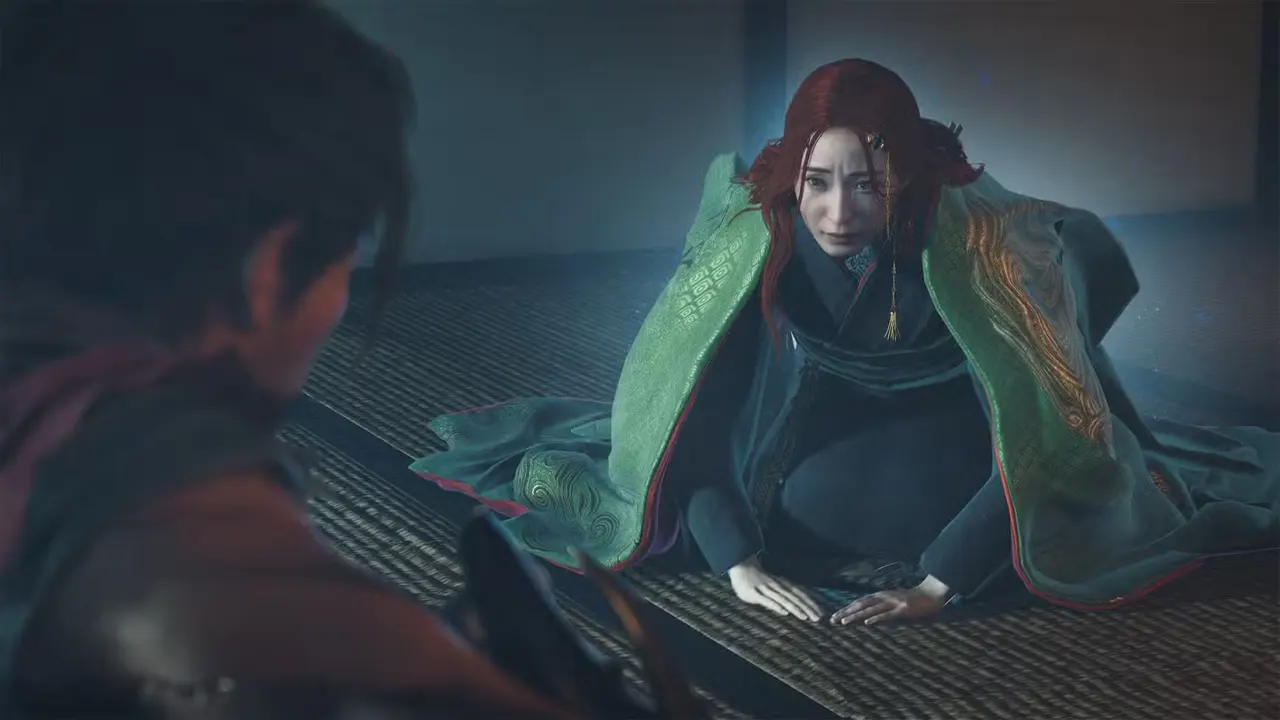 A woman bows before a samurai in Onimusha: Way of the Sword.