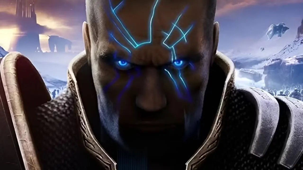 Artwork cropped from the cover of Too Human on Xbox 360 shows closeup of glowering man's face