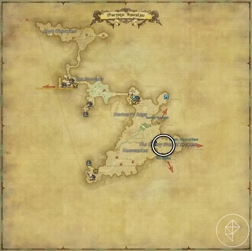 A map of Western Thanalan in FFXIV showing where to find a Cactaur