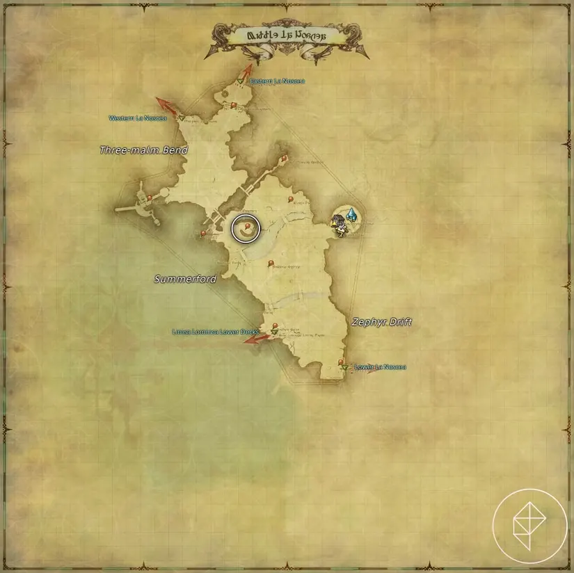 A map of Middle La Noscea in FFXIV showing where to find a Buffalo