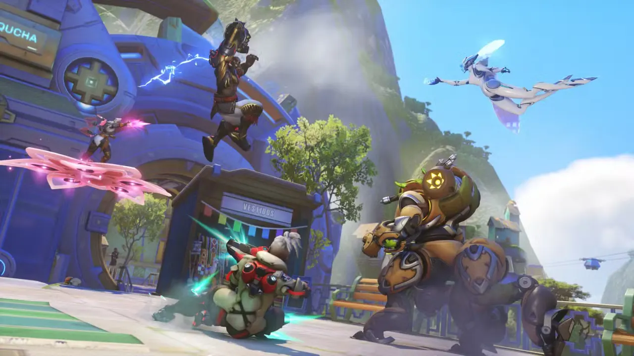 Doomfist, Echo, Lifeweaver, Sojourn, and Orisa battle near a kiosk on the Runapasi map in Overwatch 2
