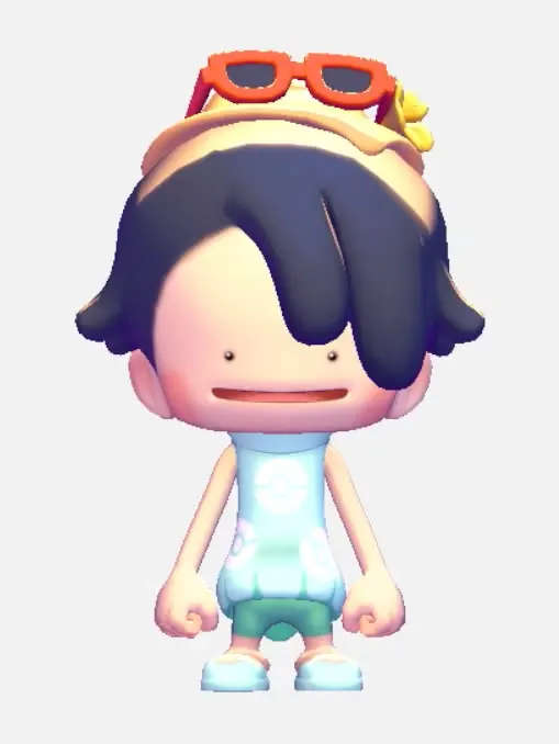 A Ditto dressed up as a beach tourist in Pokopia