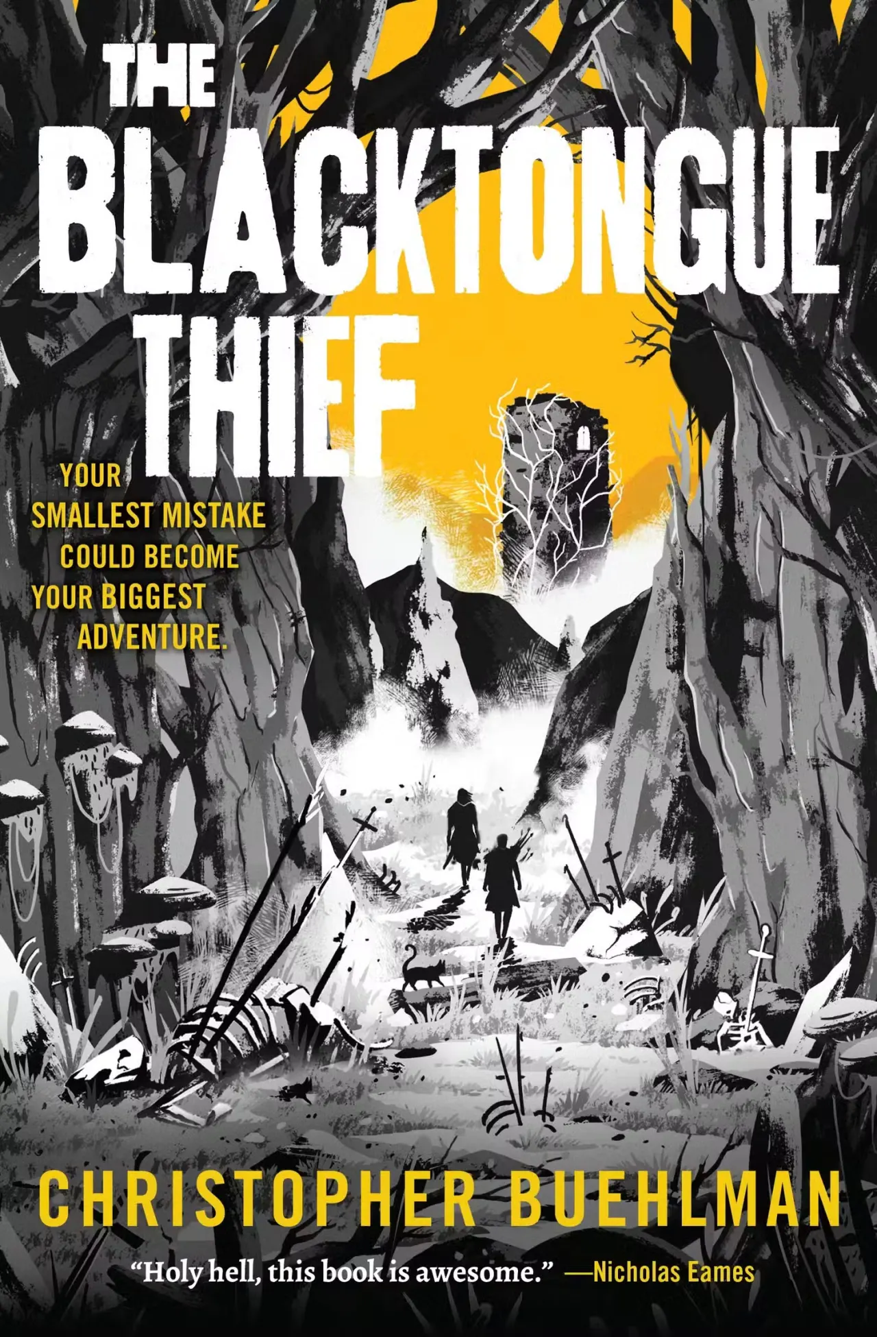 A book with a black, white, and yellow cover depicts a thief and a soldier walking to a castle