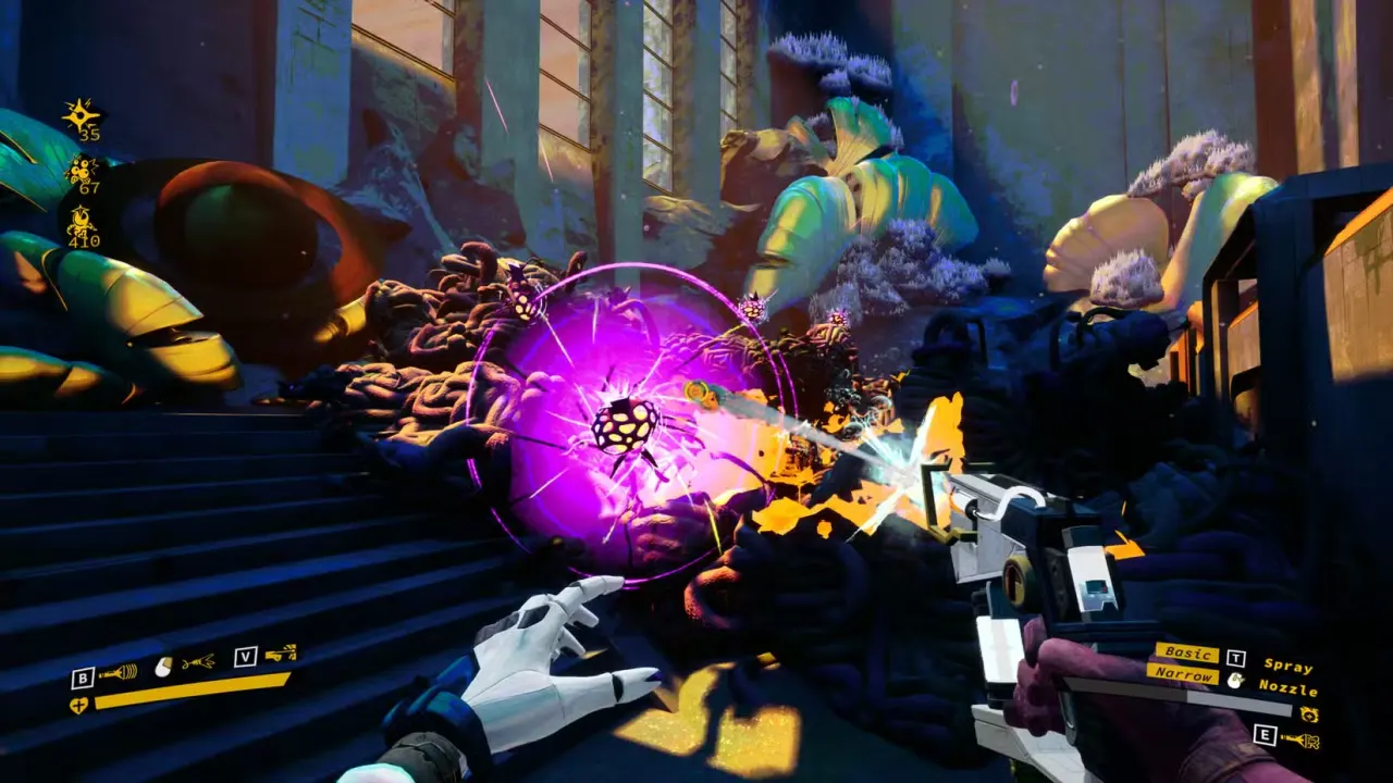 A character shoots water at fungus in Abrosia Sky.