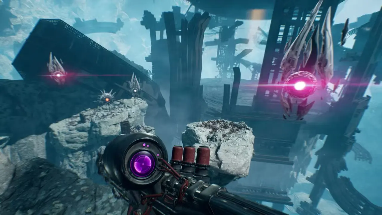 A character dodges enemy robots in Luna Abyss.