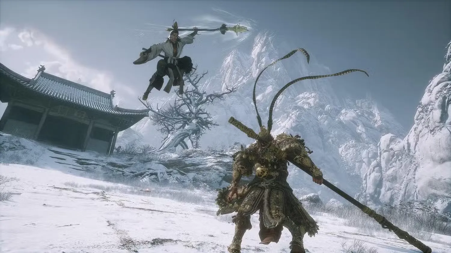 A warrior leaps toward another in a snowy landscape in Black Myth: Wukong
