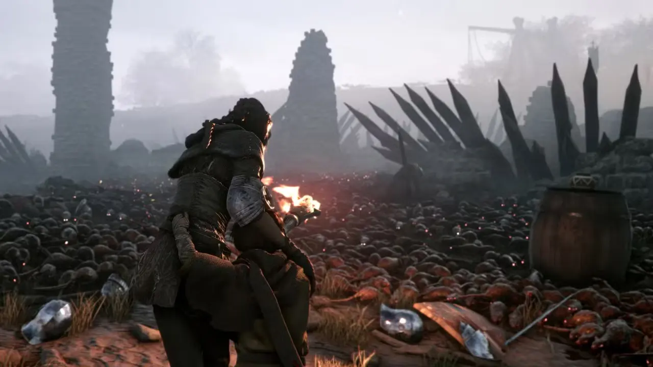 A character is surrounded by rats in A Plague Tale: Innocence.