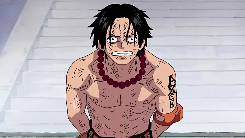 Ace looks distressed while being bound in One Piece