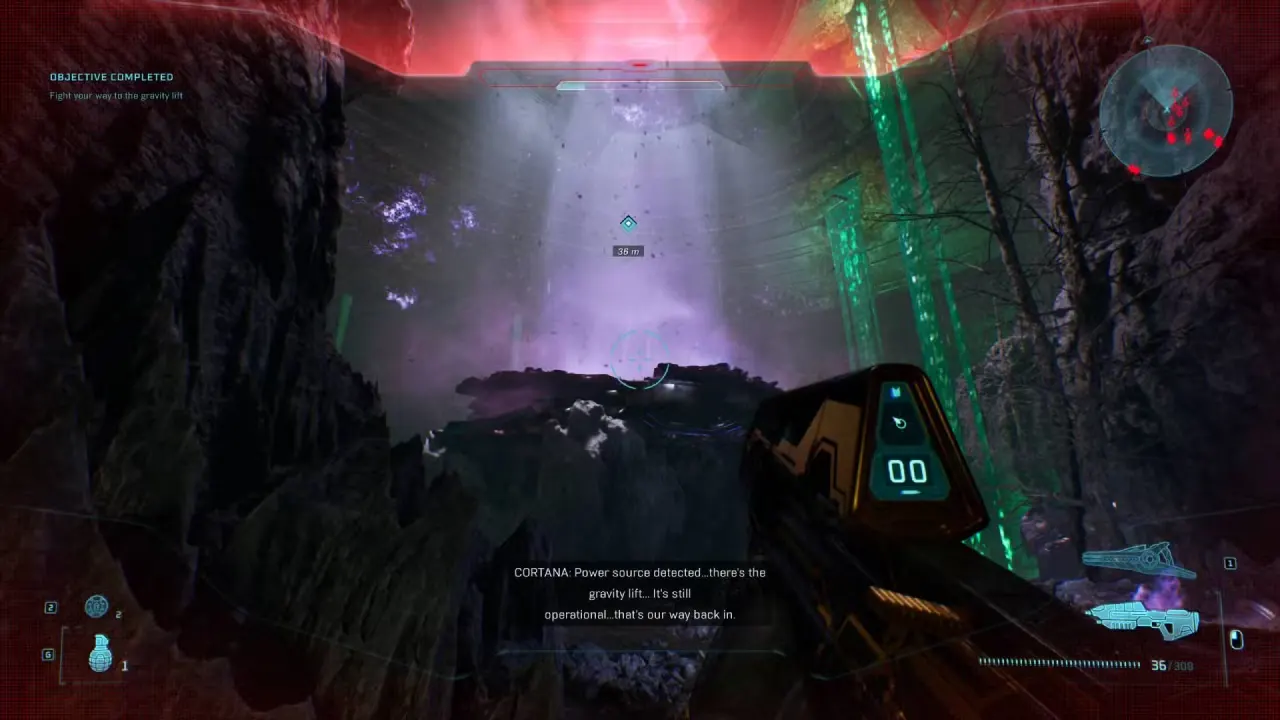 The player in Halo: Campaign Evolved looking at the gravity lift.