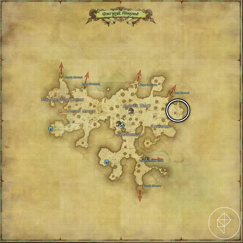 A map of Central Shroud in FFXIV showing where to find a Raptor
