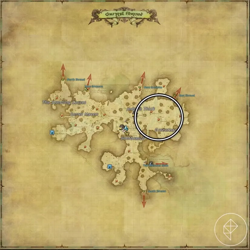 A map of Central Shroud in FFXIV showing where to find a Treant