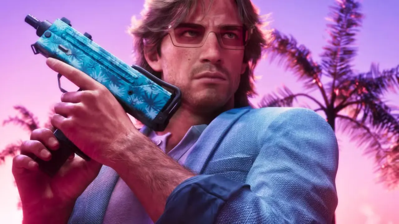 Jason Duval in GTA 6 wearing a vintage Vice City outfit and holding a machine pistol.