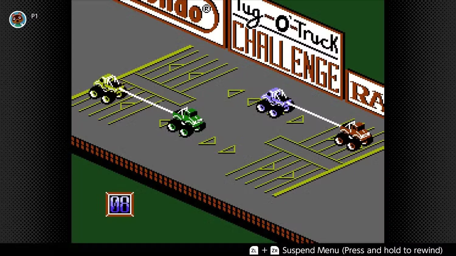 RC Pro-Am 2 screenshot - In the tug-o-truck bonus game, trucks pull ropes between them