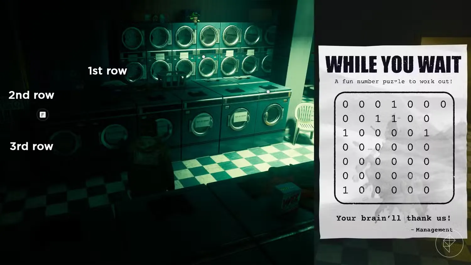 Dylan standing inside a dark laundromat whose washing machines correspond with a set of numbers on a puzzle in Control Resonant.