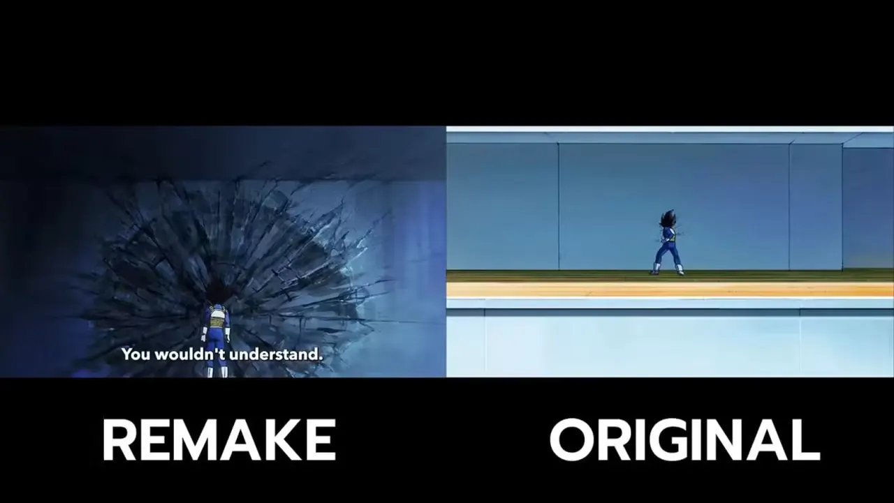 A comparison shot of Vegeta punching a wall in the Dragon Ball Super remake. 