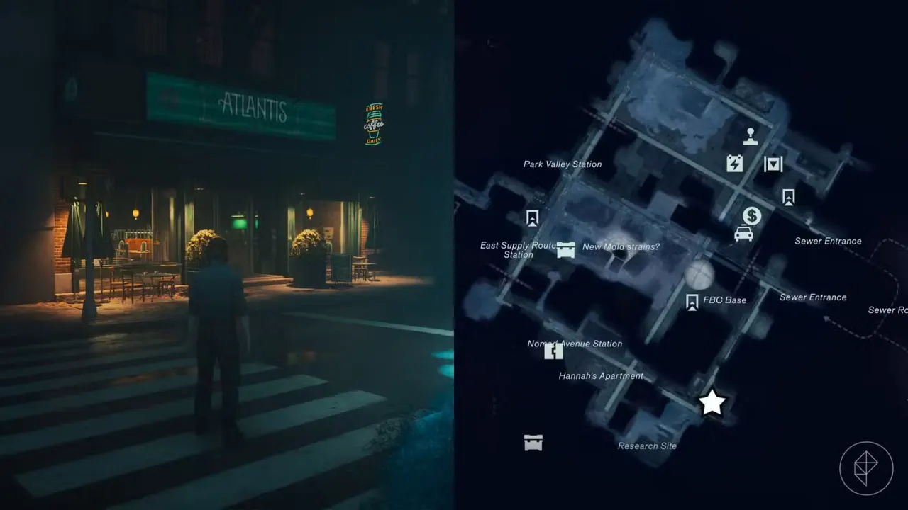Dylan standing outside of an Atlantis Cafe in Control Resonant.