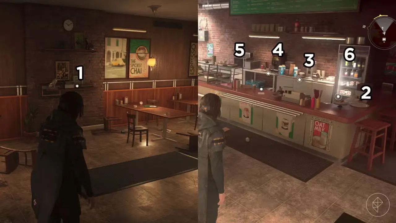 A montage using two Control Resonant images showing the order you should turn on the appliances in the Atlantis coffee shop