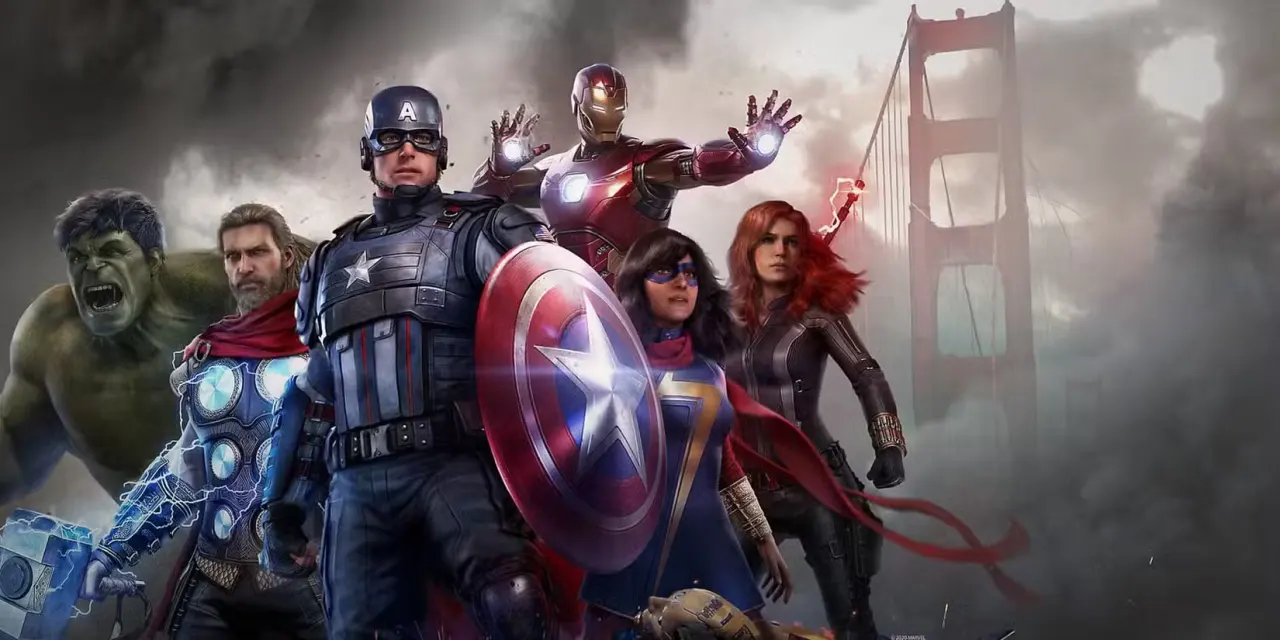 Marvel’s Avengers team line-up, including Hulk, Thor, Captain America, Iron Man, Ms. Marvel, and Black Widow, standing on the Golden Gate Bridge