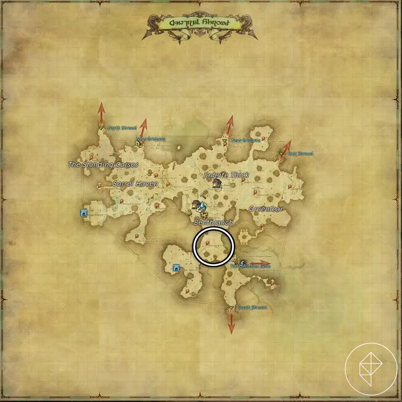 A map of Central Shroud in FFXIV showing where to find a Flying Trap