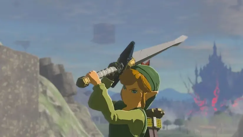 Link lifts the Biggoron's Sword in The Legend of Zelda: Tears of the Kingdom.