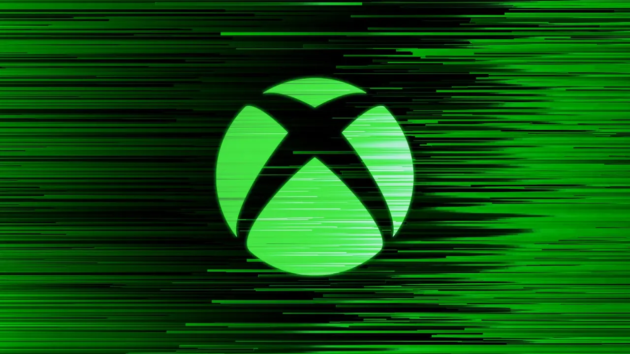 Microsoft Xbox logo on a glitchy green background