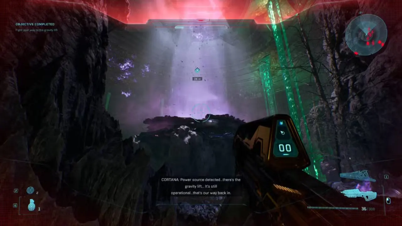 The player in Halo: Campaign Evolved looking at the gravity lift.